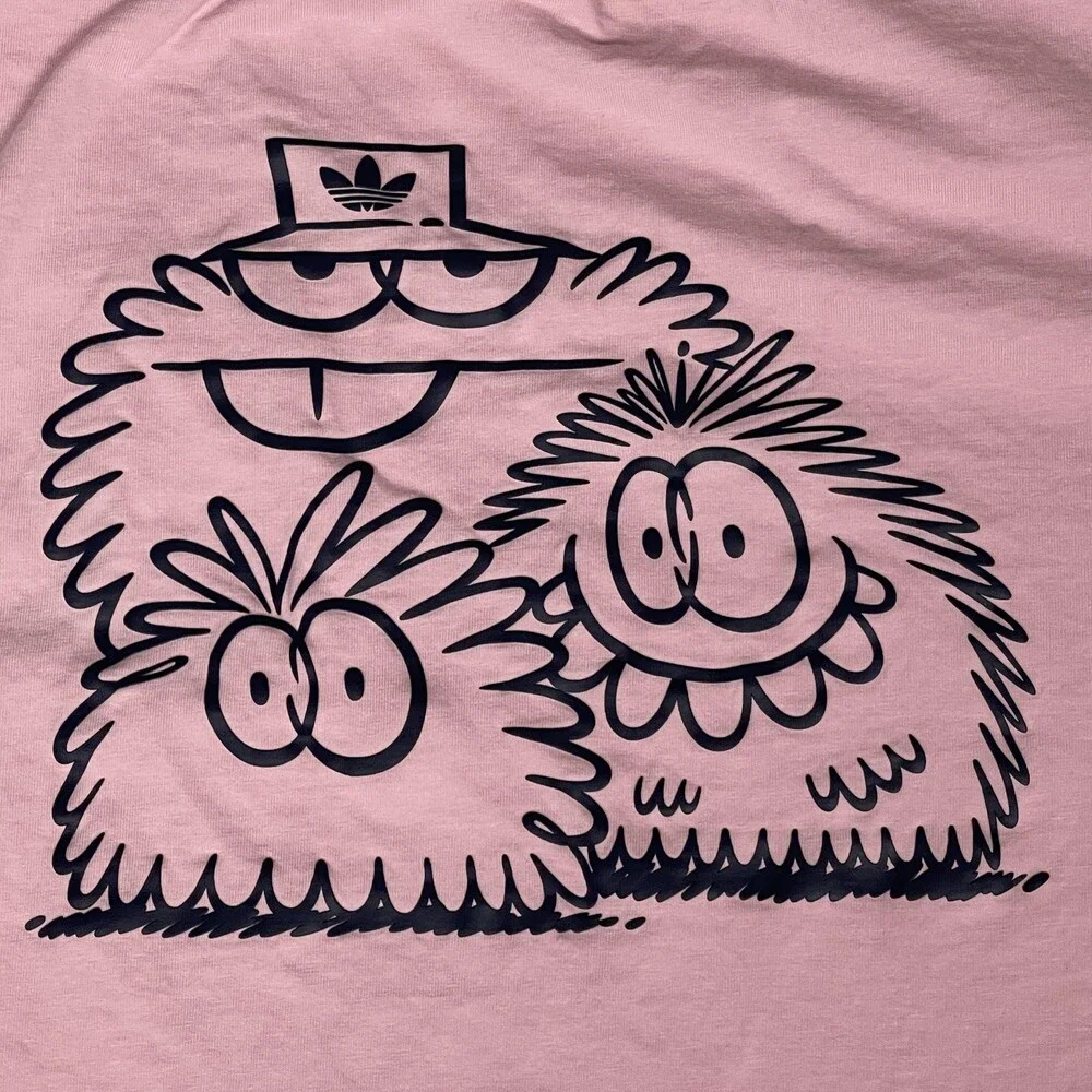 Adidas Shirt Mens 2XL Pink Furry Cartoon Characters Graphic Tee Trefoil HC7128